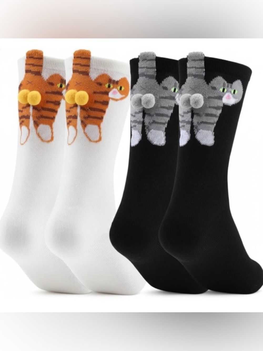 3D - One Size - Cute Cat Graphic Crew Socks - Black or Cream
